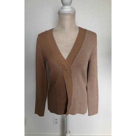 Naadam Oatmeal Combo Ribbed Twist Front Sweater Top - M - Picture 2 of 5